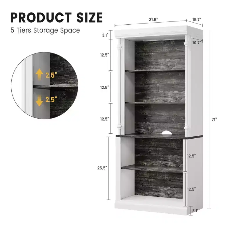 5-Tier Floor Standing Bookshelf with Roman Column Design, White and Warm White Cabinet, Dark Gray Shelving, Modern Open Bookcase for Living Room