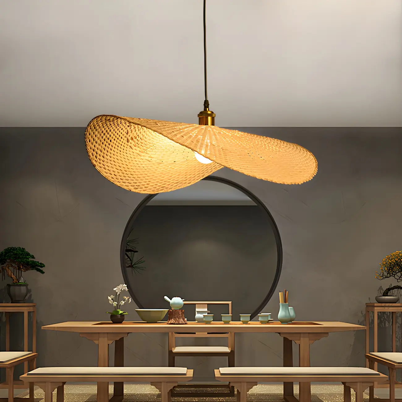 Bamboo Oriental Pendant Light Hanging Fixture for Indoor