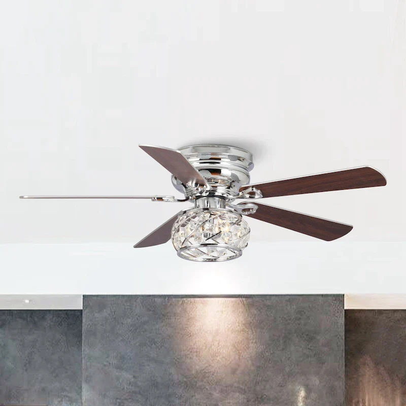 48  Chrome Wooden 5-Blade Crystal Flush Mount Ceiling Fan with Remote