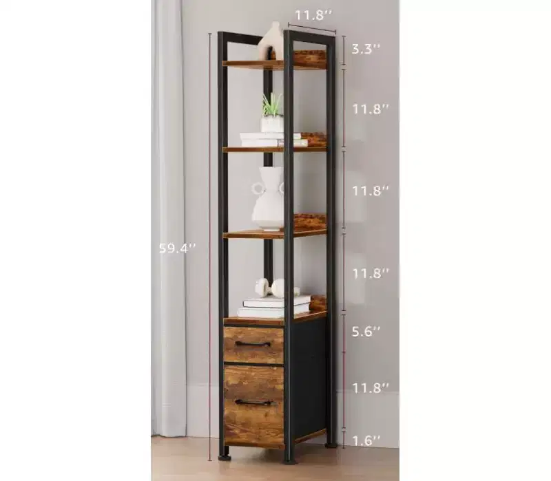 6-Tier Bookshelf, 59 Tall Narrow Bookcase with 2 Storage Drawers, Industrial Floor Standing Ladder Shelf for Bedroom, Living Room, Rustic Brown