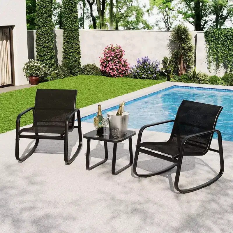 3-Piece Outdoor Rocking Bistro Set, Patio Furniture w/ 2 Breathable Textilene Chairs & Coffee Table for Small Balcony, Deck & Poolside