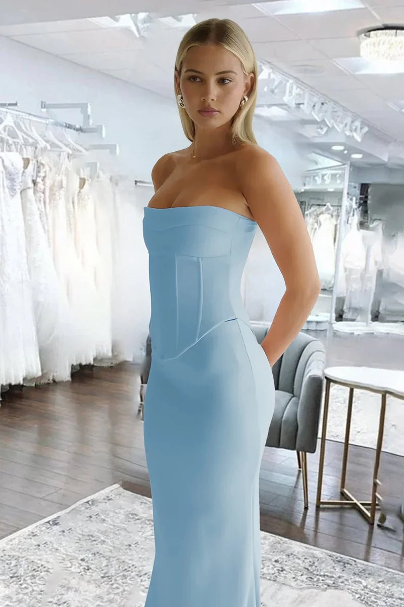 Sky Blue Strapless Sleeveless Mermaid Satin Long Prom Dresses