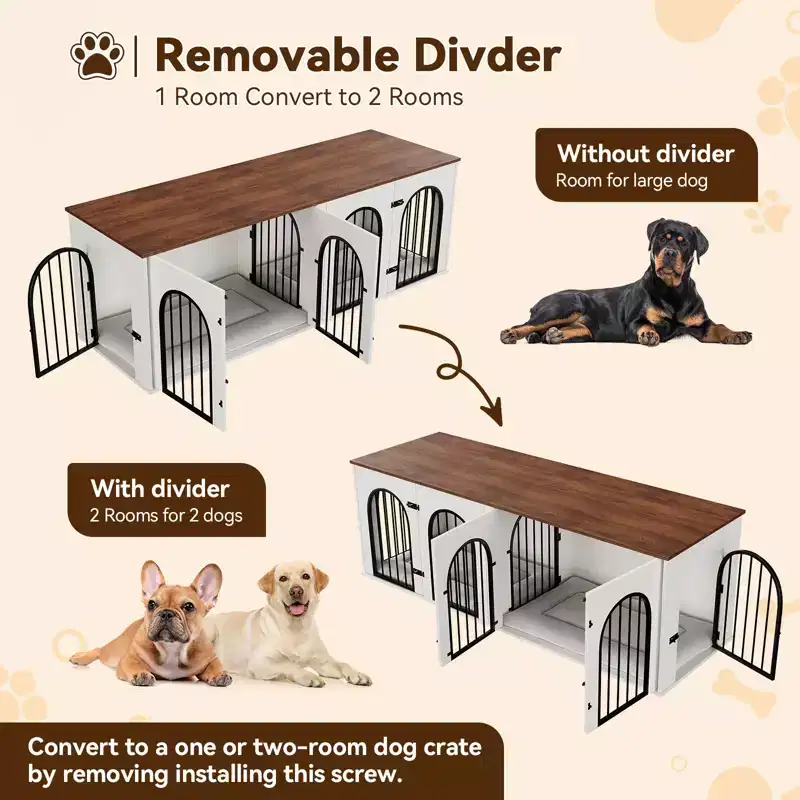 71 Double Dog Crate Furniture, Wooden Kennel for 2 Large/Medium Dogs with Divider & Cushion