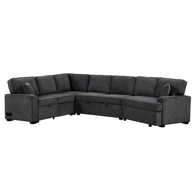 Black 126 L-Shaped 6-Seater Sofa with Pull-Out Bed and Cup Holders