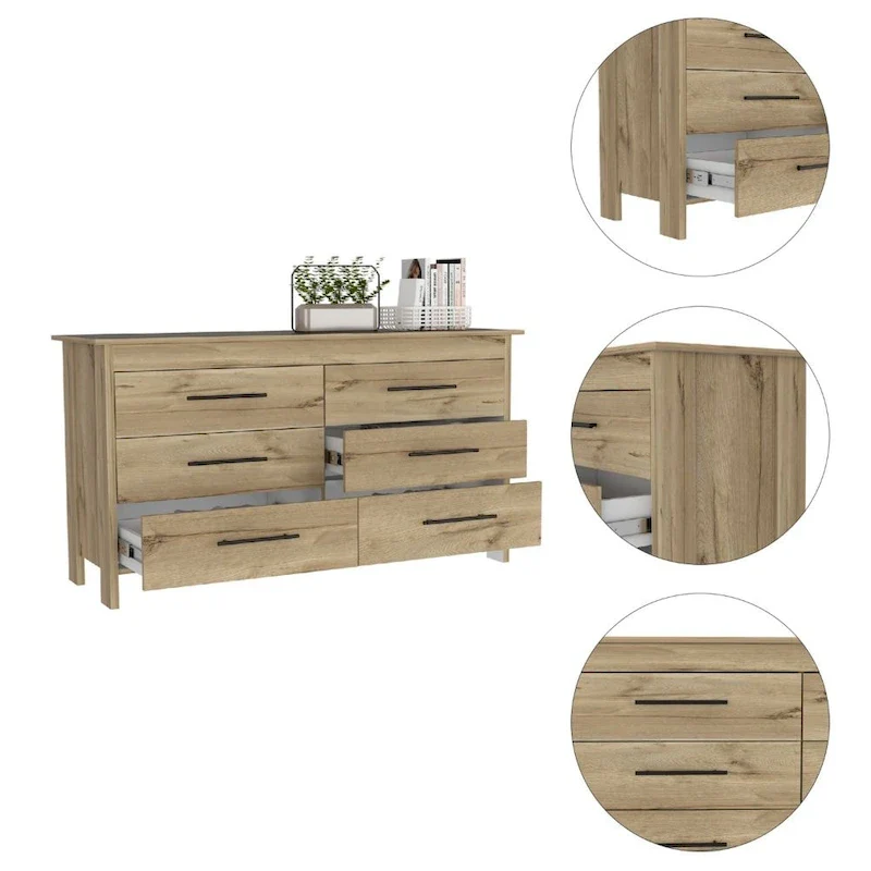 6 Drawer Double Dresser with Roller Guides, Metal Pulls and 4 Legs