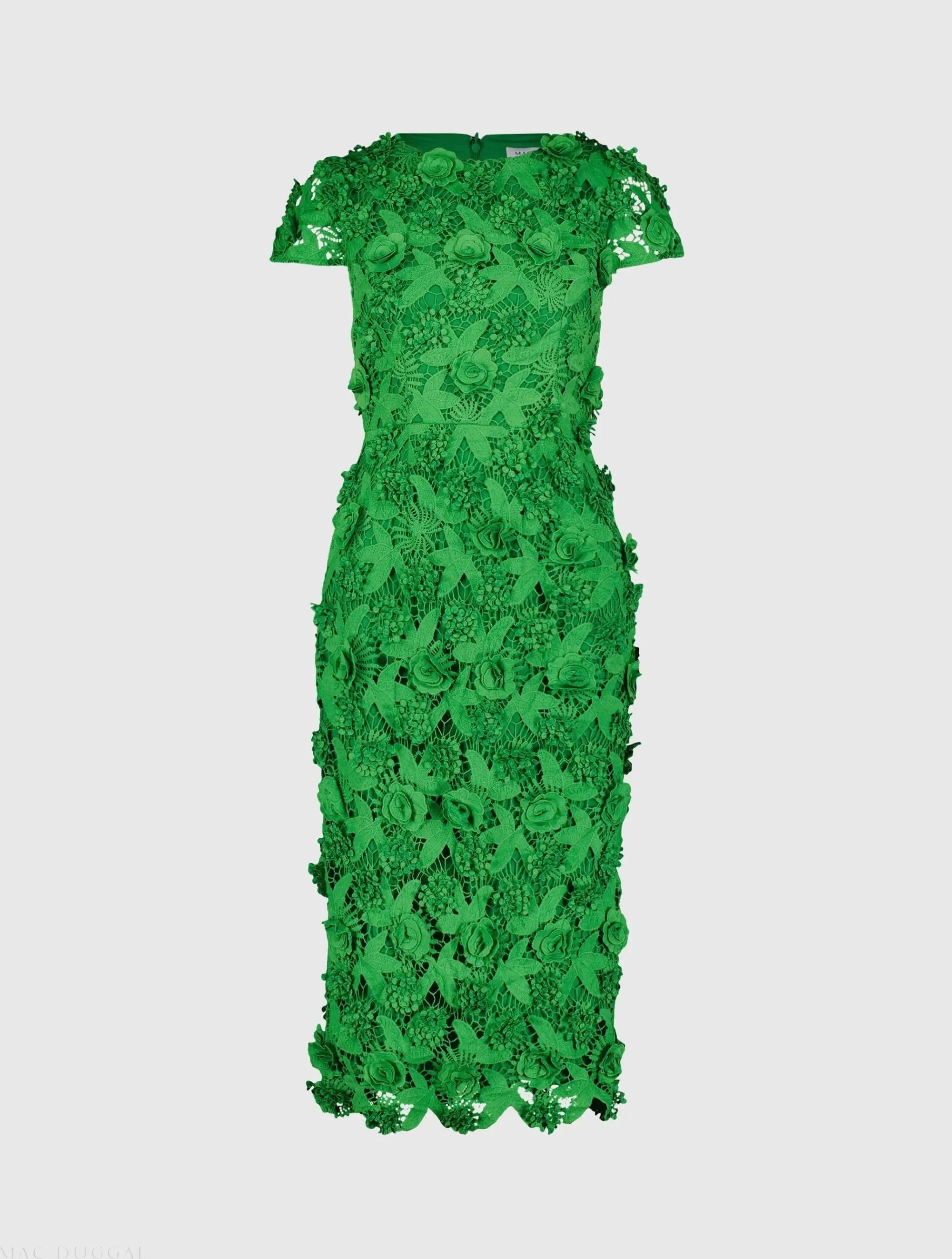 Green Floral Lace Fitted Short Sleeve Midi Dress