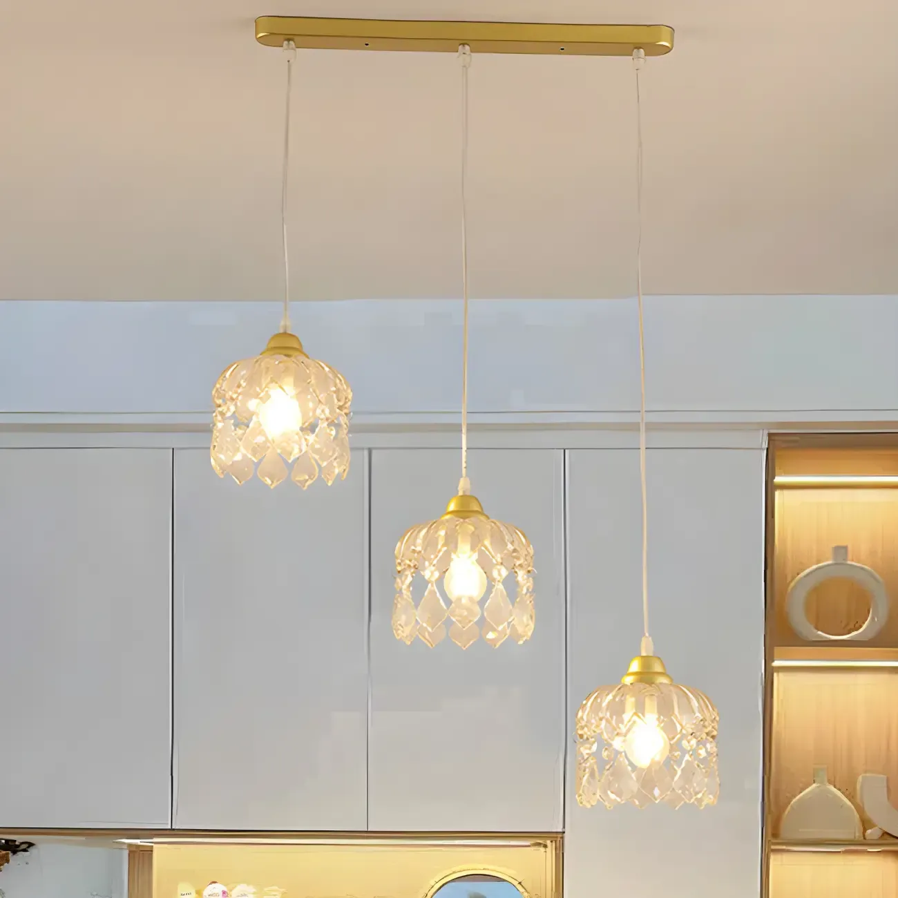 3-Light Small Elegant Gold Crystal Island Pendant Light for Kitchen