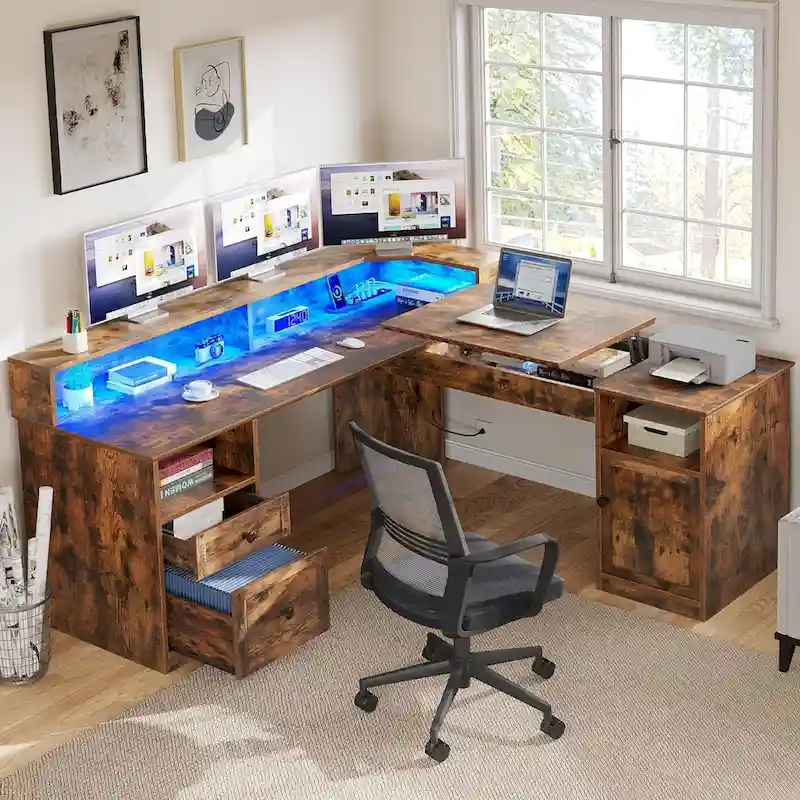 59 L Shaped Corner LED Computer Gaming Desk with File Cabinet and Lift Table Top
