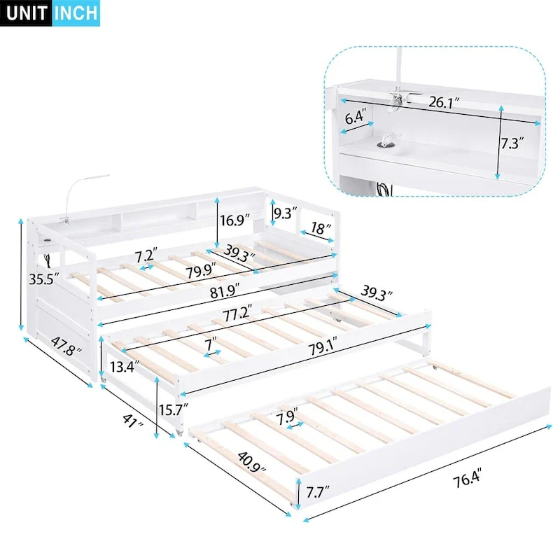 Twin XL Wood Daybed with 2 Trundles, White/Grey, for 3 People