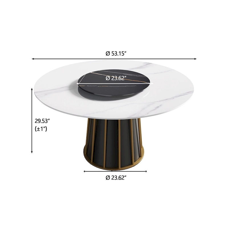 53 White Sintered Stone Round Dining Table with Lazy Susan - N/A