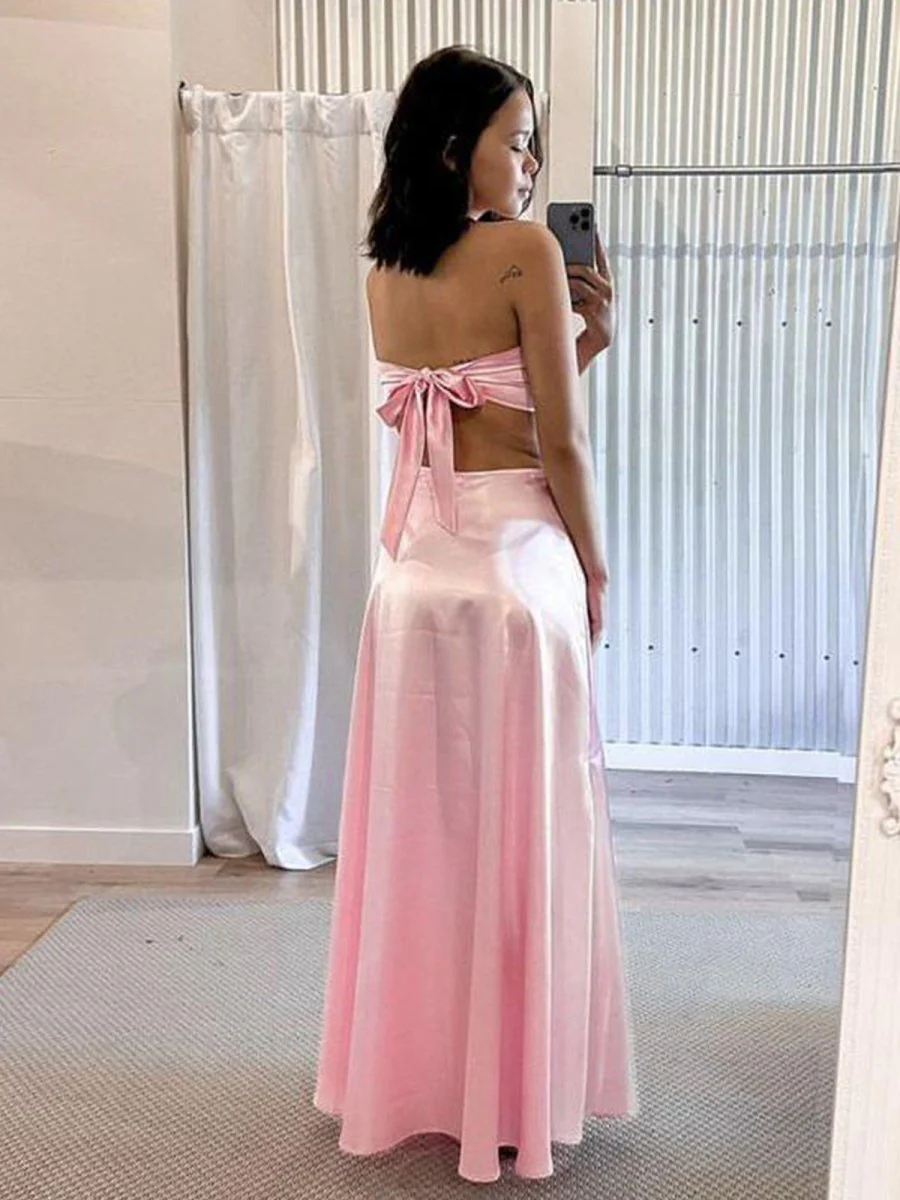 PInk Strapless Back Tie Satin A-line Prom Dress
