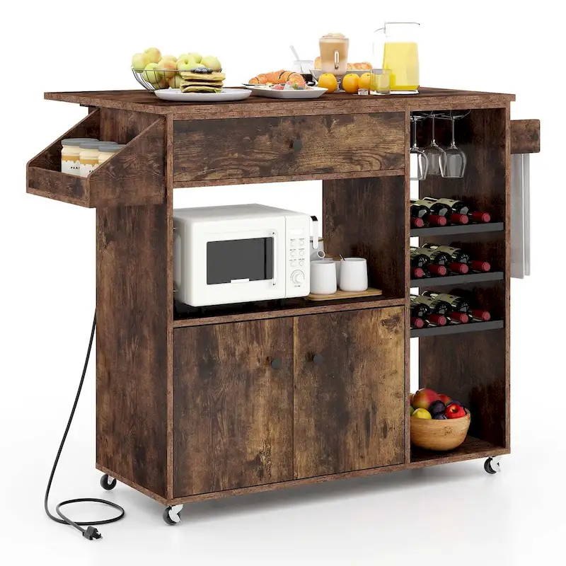 Rolling Kitchen Cart Kitchen Island Cart w/ Drop-Leaf & Power Outlet