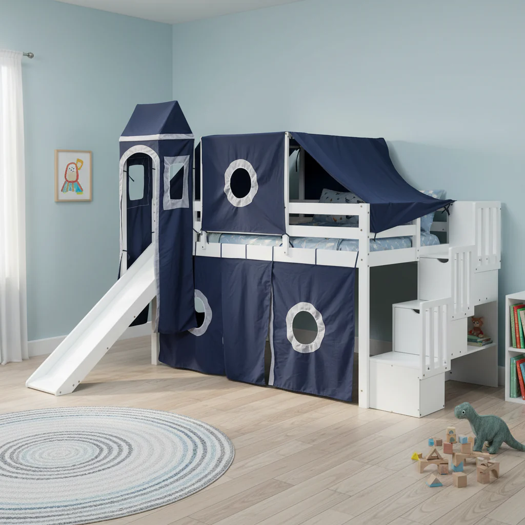 Blue Pine Wood Loft Bed with Storage Staircase and Slide, Tent and Tower, Full-Length Guardrail