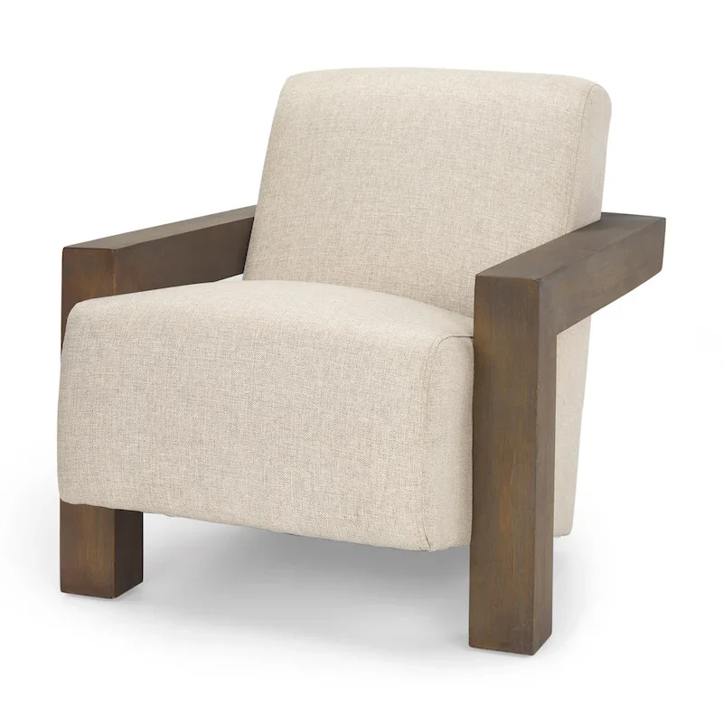 Beige Fabric Accent Chair, Solid Wood Frame, 1-Seat