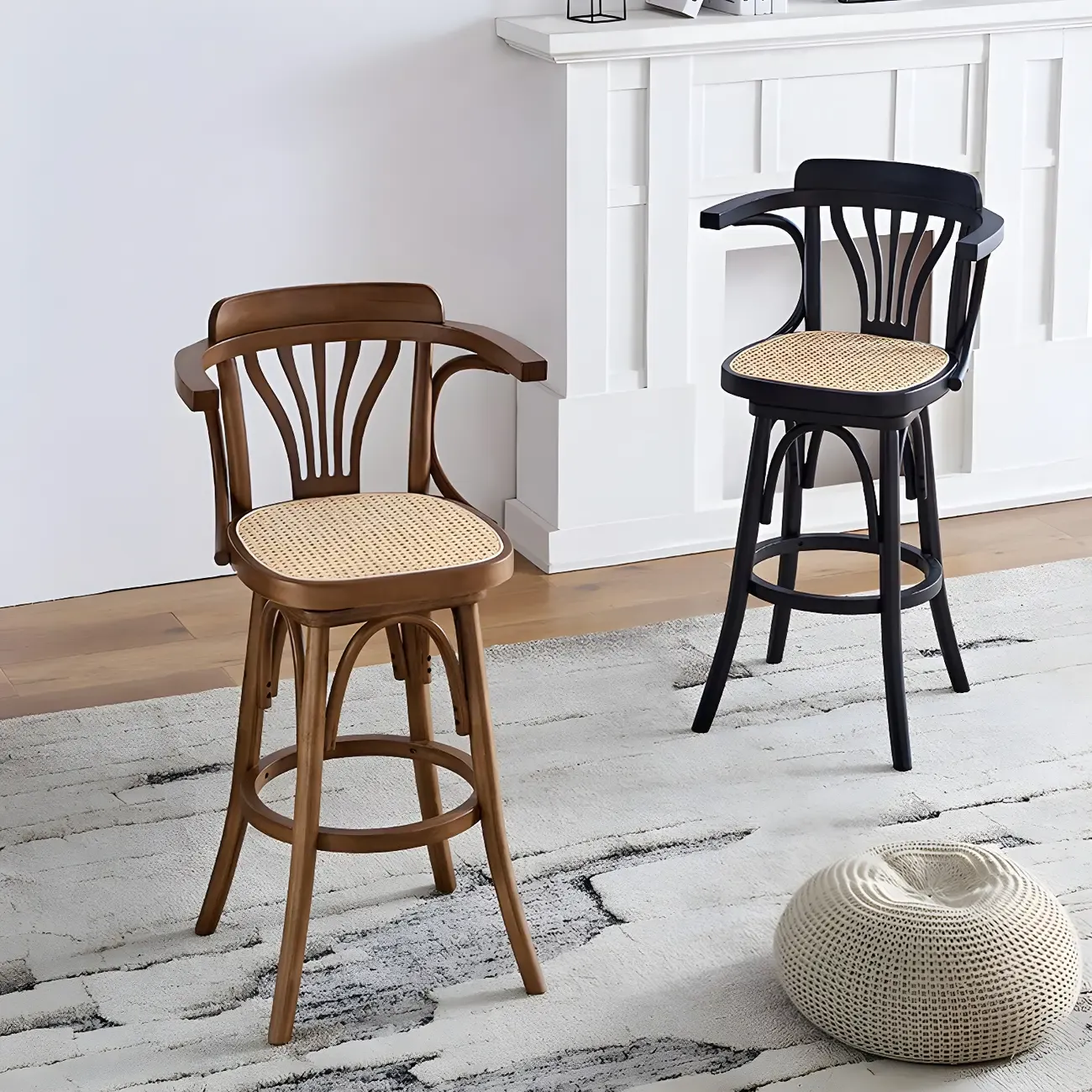 Timeless Square Rattan Wood Low Back Bar Stool in Brown/ Black