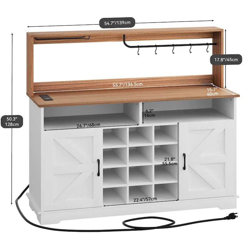 Bar Cabinet with Wine Rack and Power Outlets - 12-Bottle Storage (Black & Grey/White & Wood)