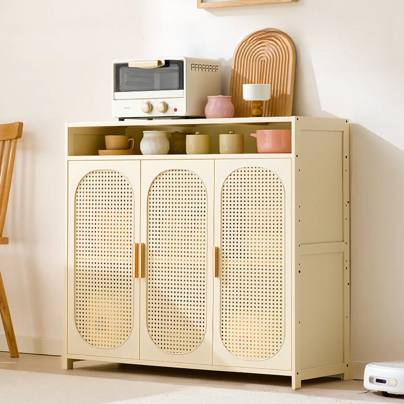 Narrow Rectangular Rattan Bamboo Sideboard with Open Shelf