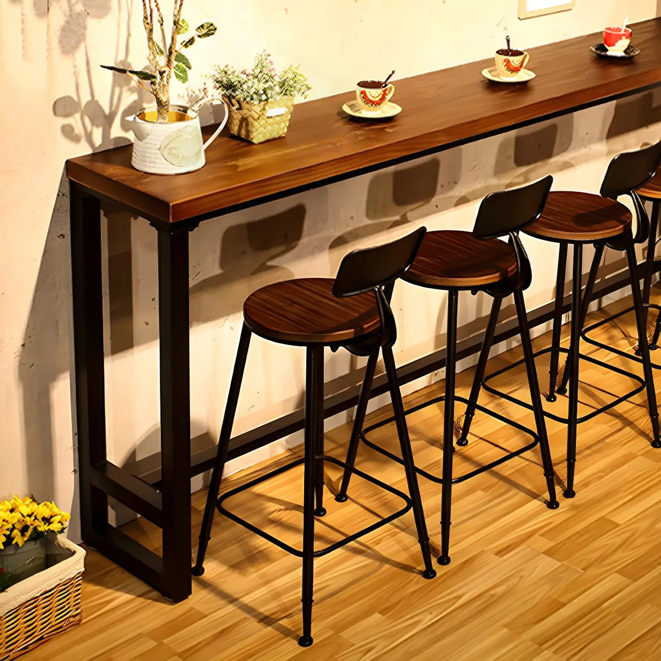 Rectangular Brown Wooden Bar Height Bar Set