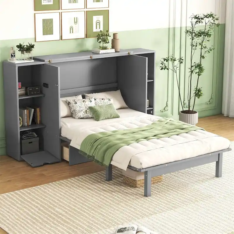 Queen Size Murphy Wall Bed with Shelves Drawers & USB Ports Space Saving