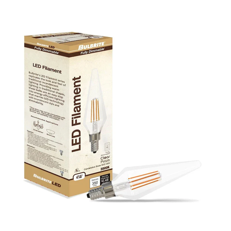 Bulbrite LED Filament Pack of (4) 4 Watt Dimmable Prism Light Bulbs with a Clear Finish and Candelabra (E12) Base