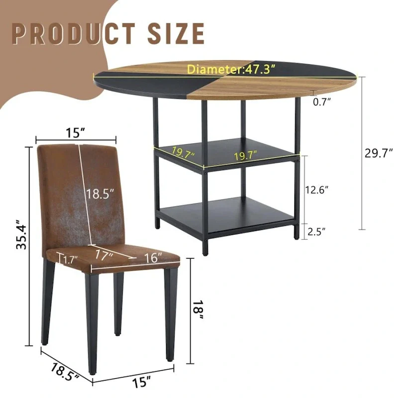 Outdoor 47.3 inch Dining Set with Double-layer Storage and 4 Brown Technology Fabric Dining Chairs