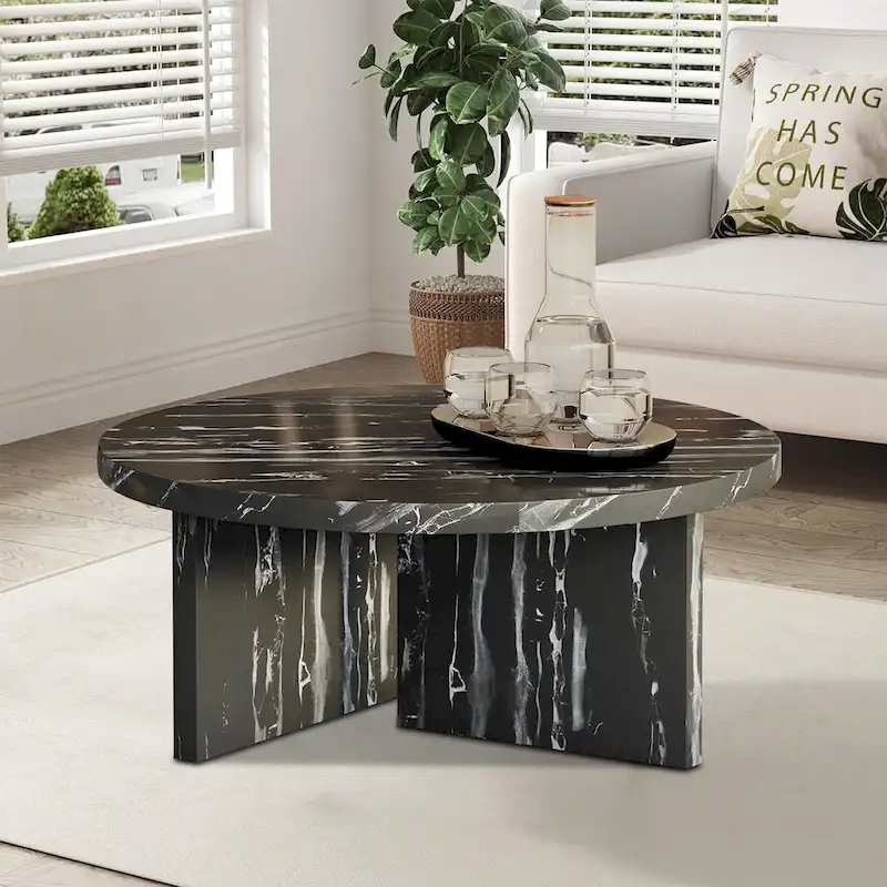 Modern Stylish Wooden Round Coffee Table with Imitation Marble Veneer Surface
