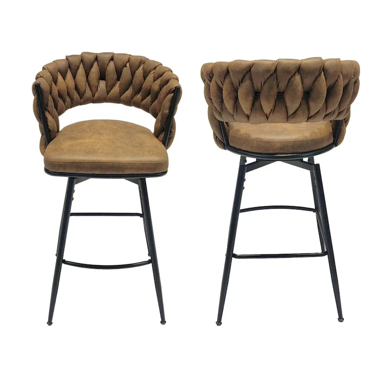 2 Woven Bar Stool,Black Legs No Adjustable Chairs,360 Swivel Upholstered Bar Chair Counter Stool Arm Chairs With Back Footrest