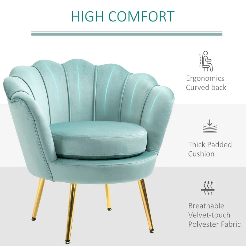 Green Velvet Lotus Accent Chair with Gold Legs - Single Seat