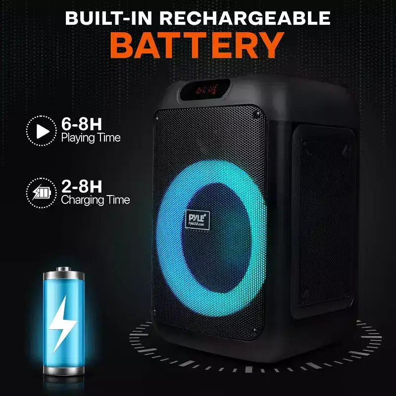 Pyle 8 Wireless Bluetooth Party Speaker with LED Lights, 100W, Rechargeable Battery, Mic Input, FM Radio, and Remote Control