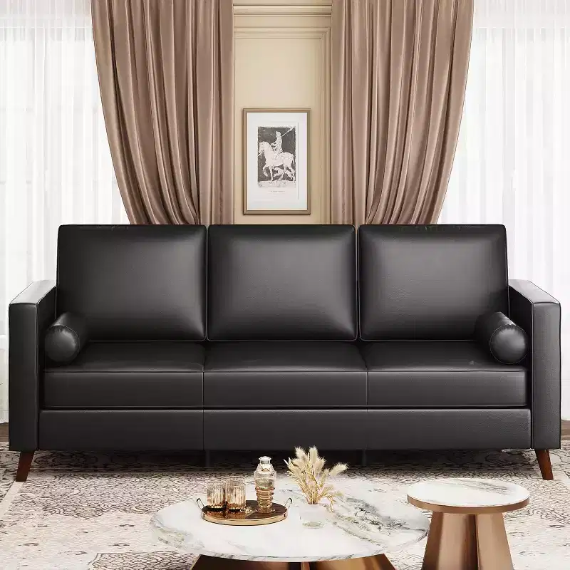 86 Leather Sofa, Mid-Century Modern Couch, Faux Leather Couch with Deep Seats, 3-Seat Sofa for Living Room, Office, Black