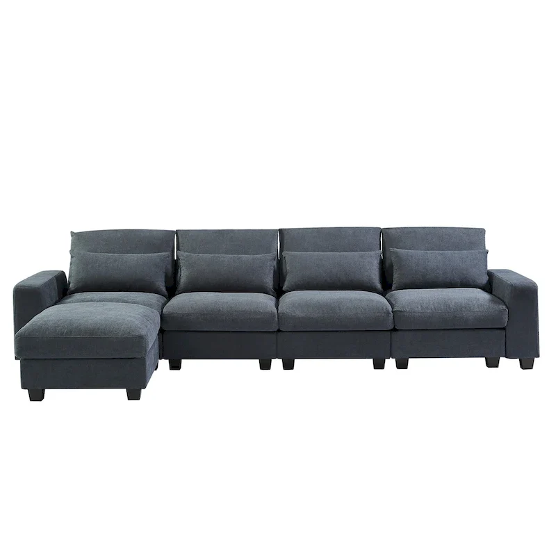 Modern Convertible L-Shaped Linen Feather Filled Reversible Sectional Sofa