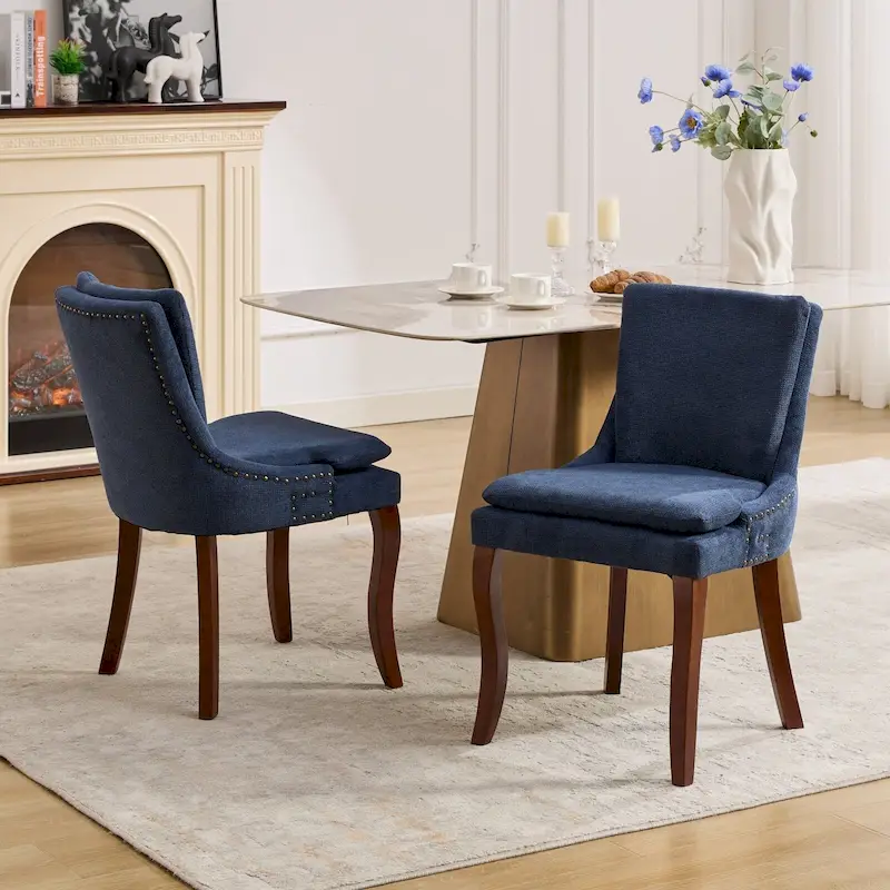 Double-layer Cushioned Dining Chairs Set of 2 Chenille Mid-Back Chair with Nailhead Trim Side Chair with Bent Wood Legs