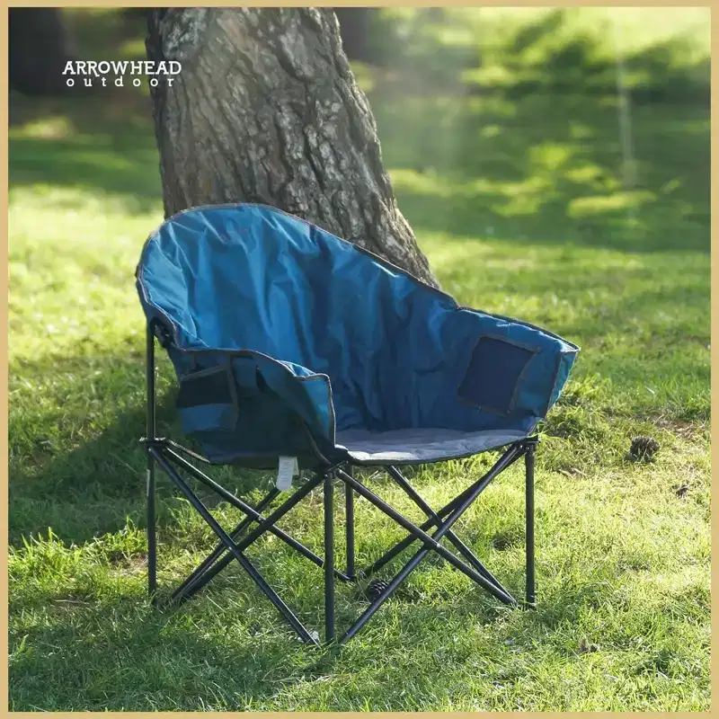 Arrowhead Outdoor Oversized Heavy-Duty Club Folding Camping Chair w/External Pocket, Cup Holder, Portable, Padded, Moon, Round, Bag (Ocean Blue)