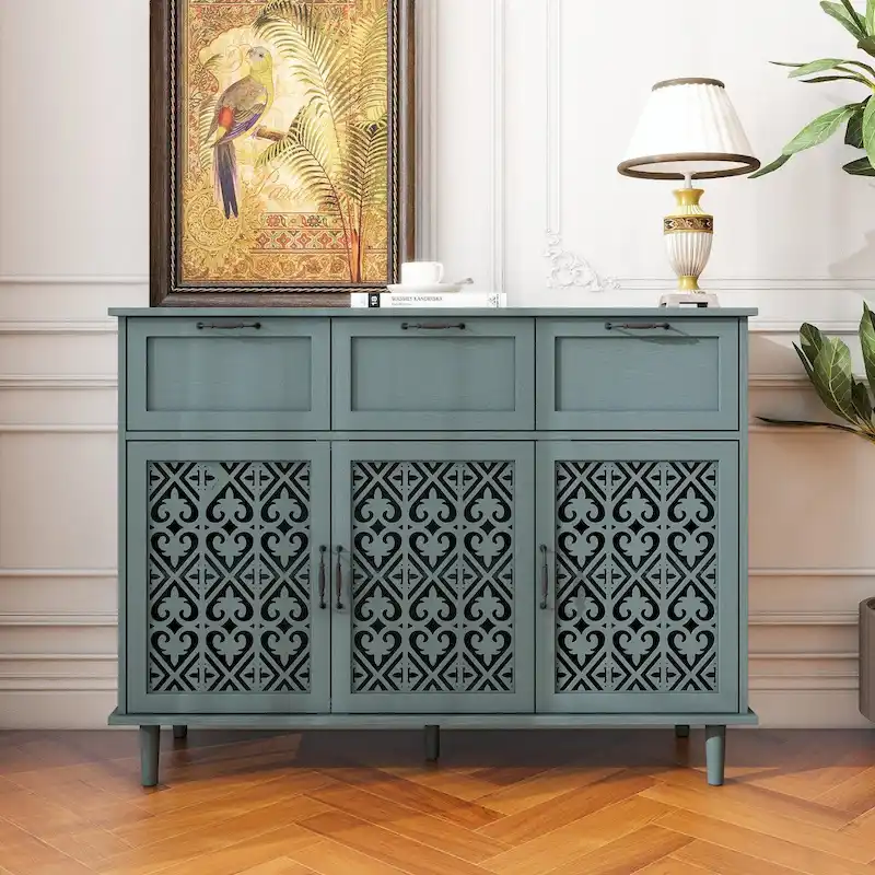 Dark Green & Blue 3-Door 3-Drawer Storage Cabinet, Single