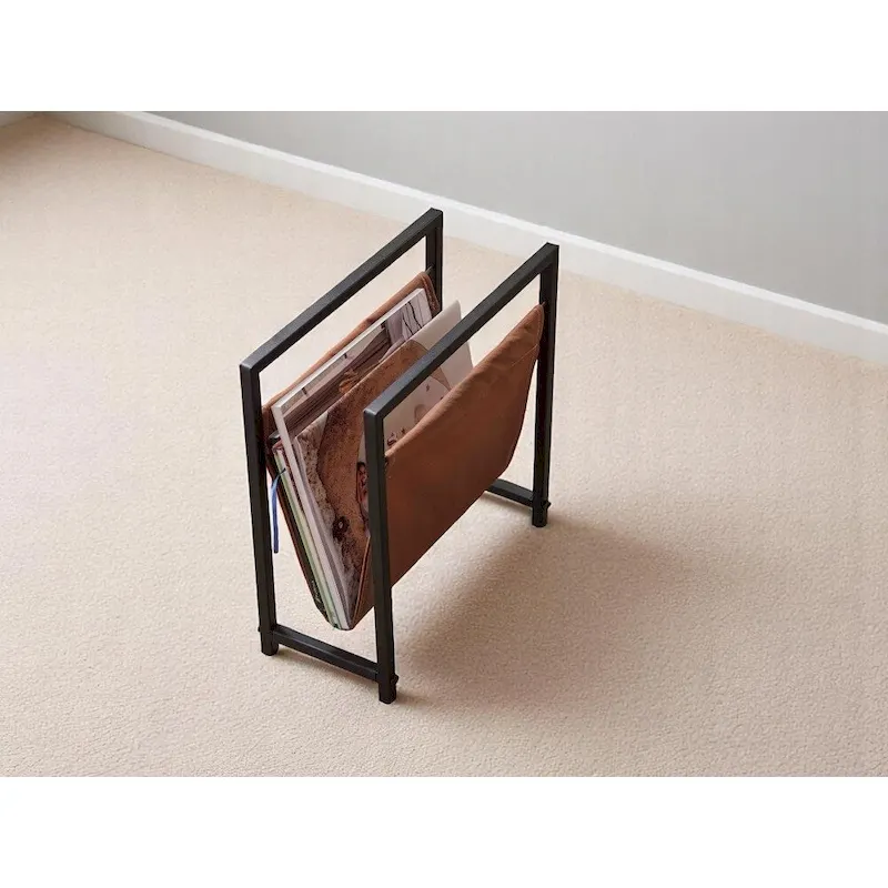 Freestanding Matte Metal Frame Leatharette Sling Magazine Holder