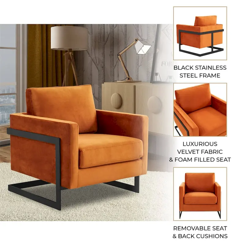 LeisureMod Lincoln Modern Velvet Arm Chair with Black Steel Frame - 35