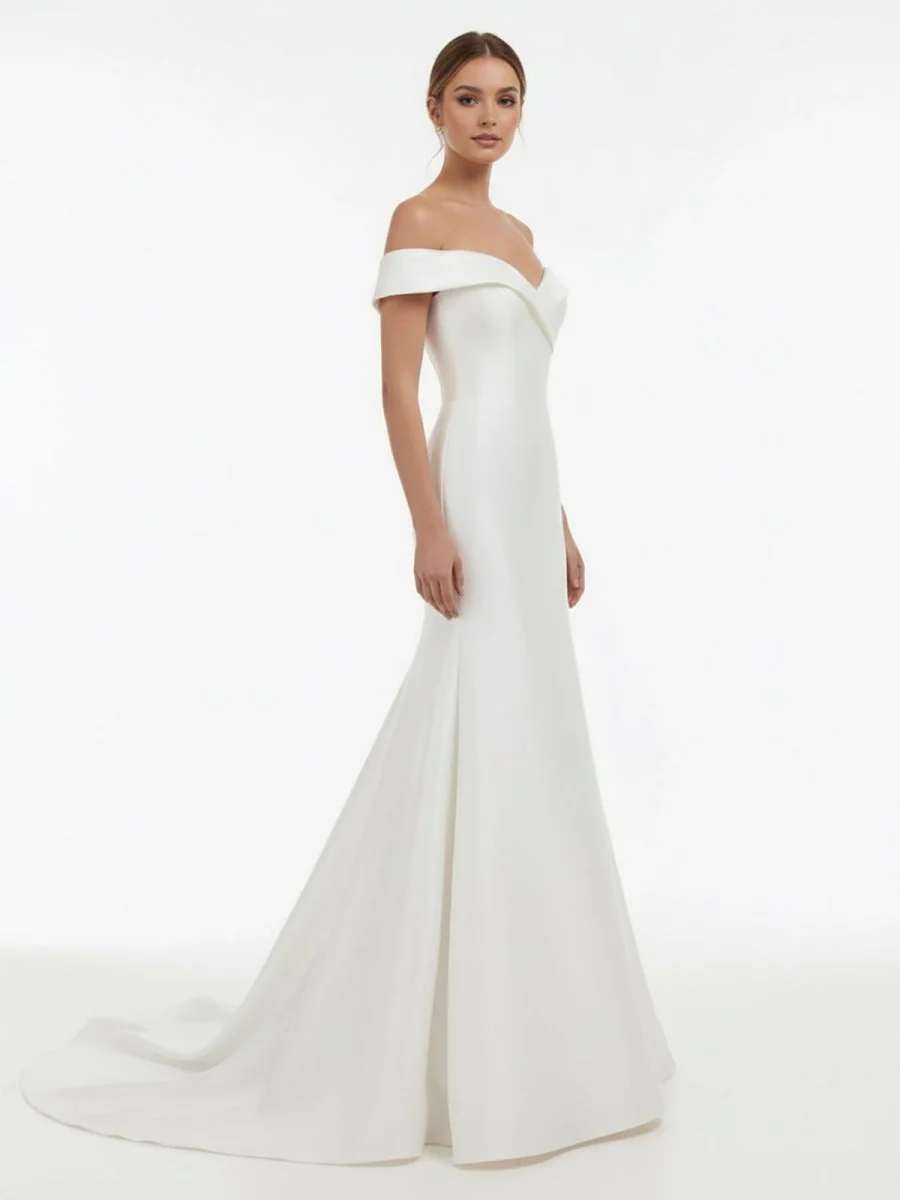 Chic Satin Off the Shoulder Sleeveless Sweep-Train Bridal Dress