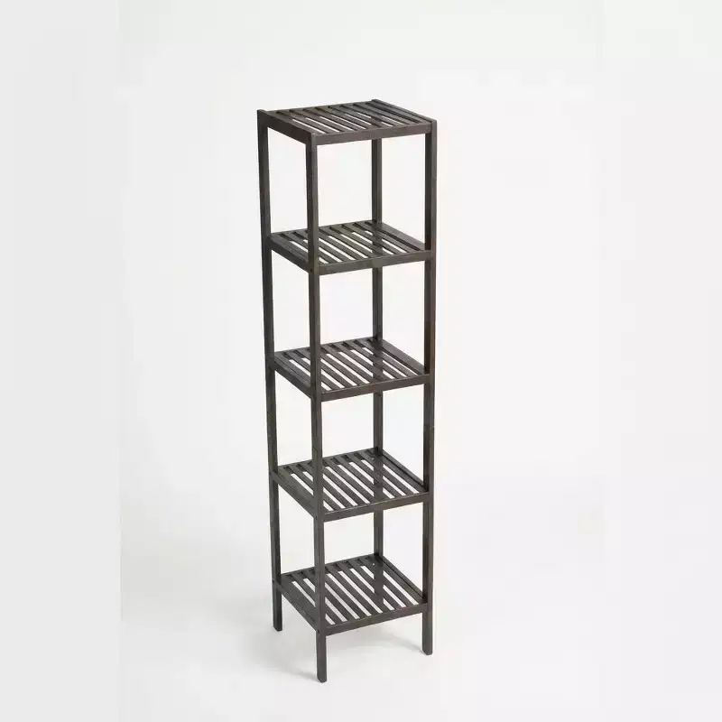 5-Tier Bamboo Shelf  Narrow Plant Stand with Slatted Shelves, Brown Wood Storage Rack for Bathroom, Living Room, Kitchen, Bedroom