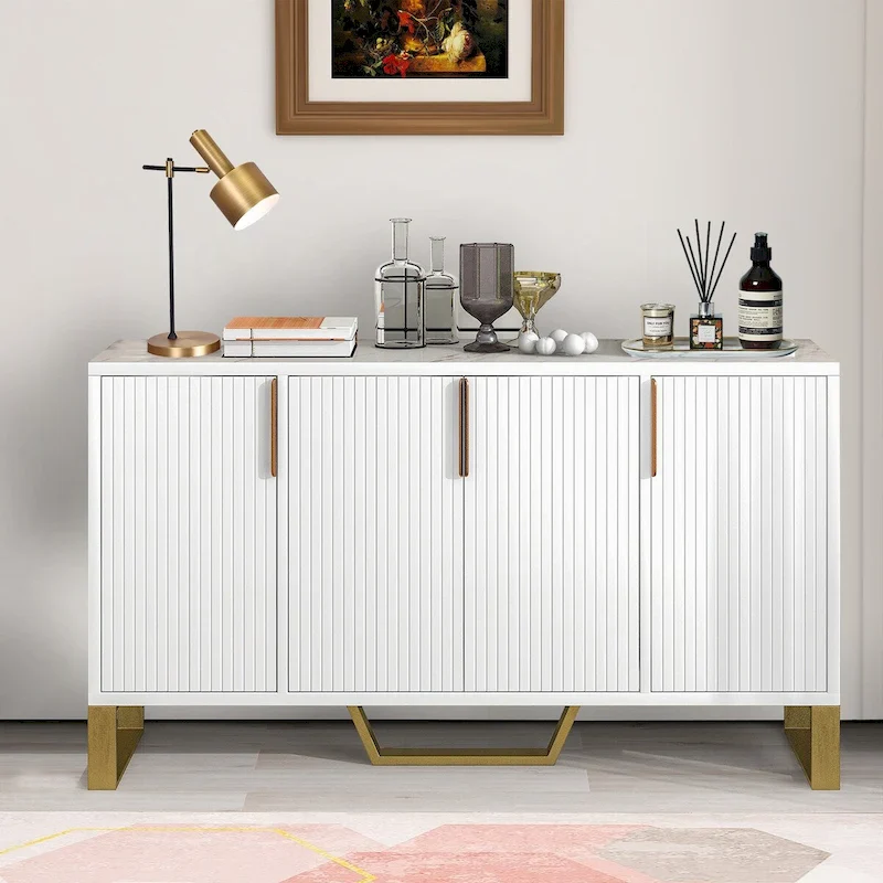 White / Black Modern Wood Sideboard with Marble-Look Top — 3-Door, 1–2 Person Use