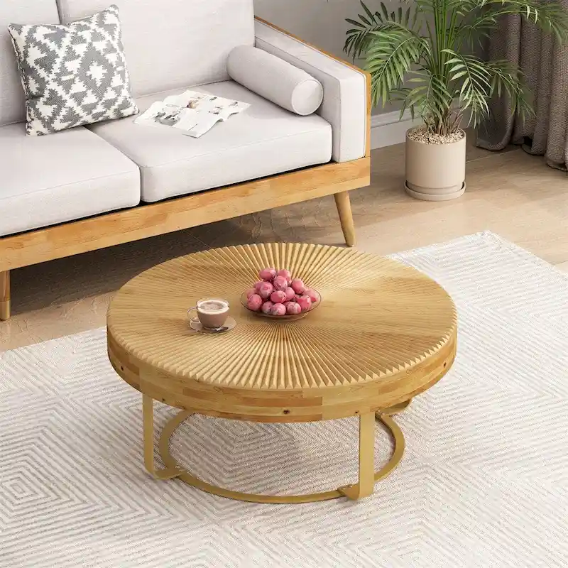 Round Wood Coffee Table with 6-Curved Metal Legs, Modern Style – Black / Gold