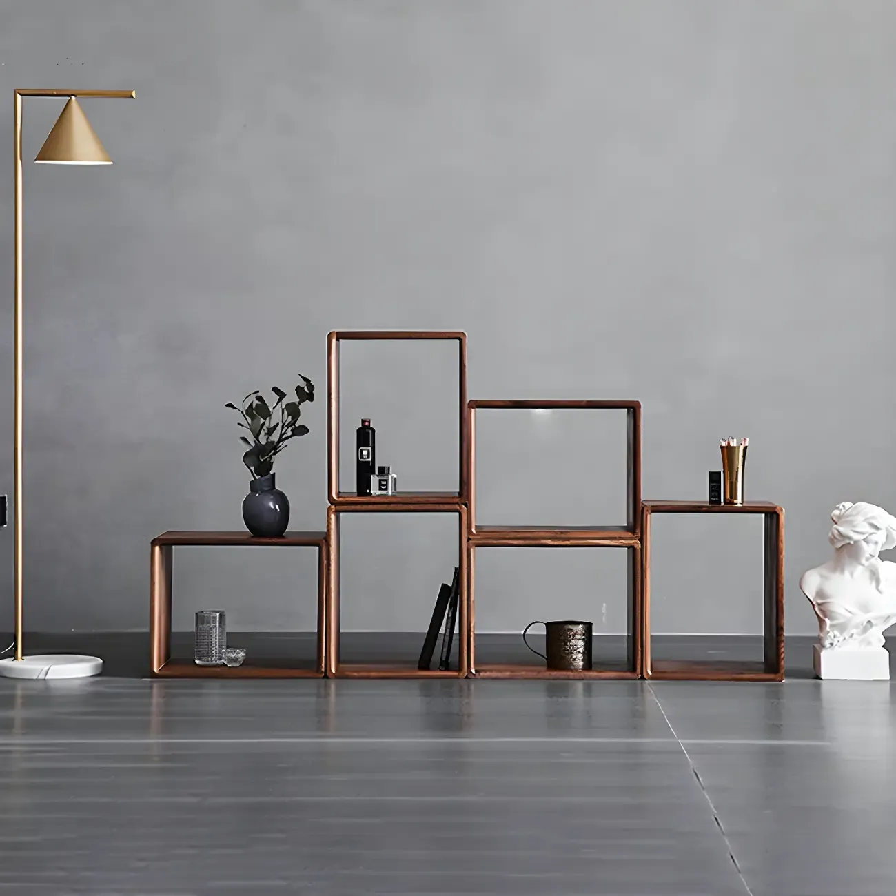 Mid-century Modern Brown Wood Cube Open Back Bookcase