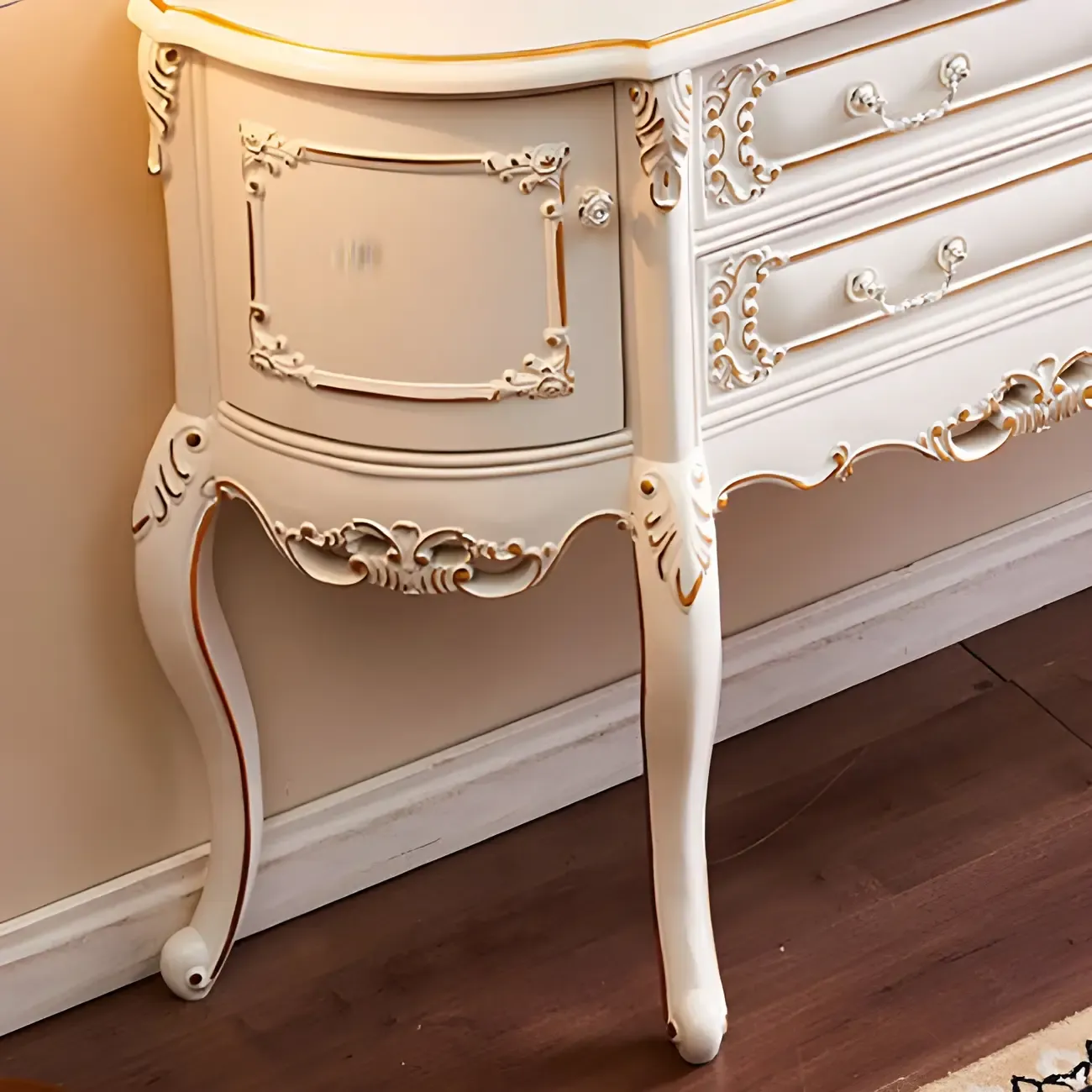 French White Wood Console Table with Drawers in Scratchproof