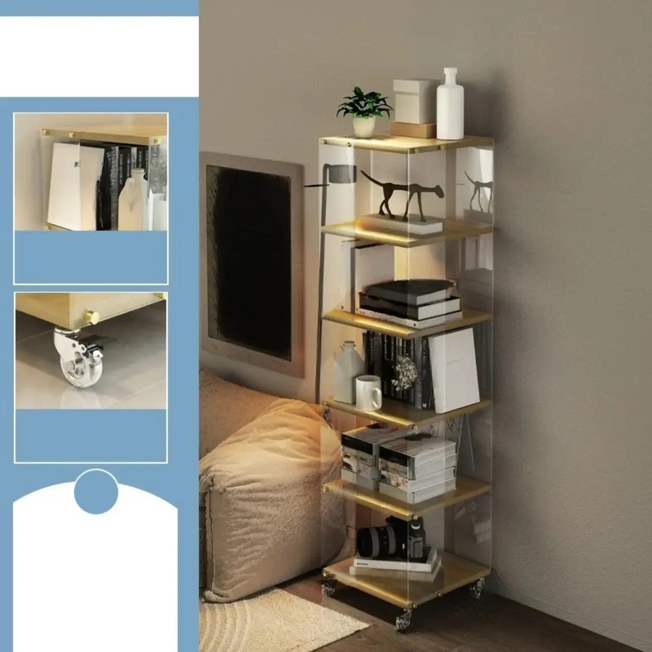 Acrylic 4-Tier Narrow Open Back Bookcase with Wheels