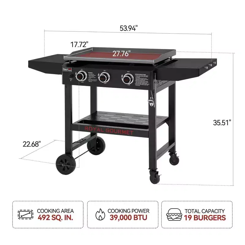 RoyalGourmet 3-Burner Propane Gas Griddle with Collapsible Side Shelves GB3000HTG Black