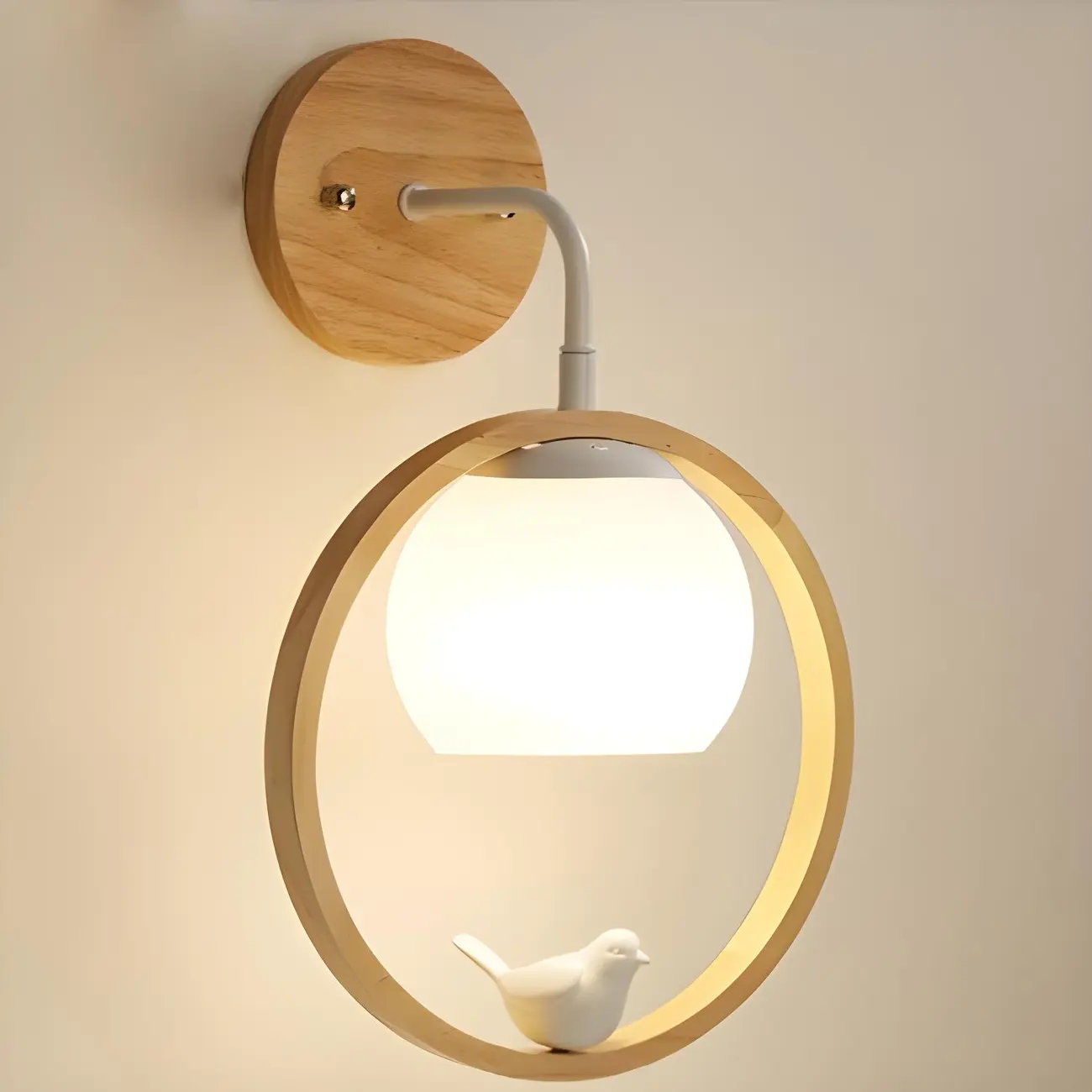 Creative Wooden Ring Wall Sconce with Bird for Living Room