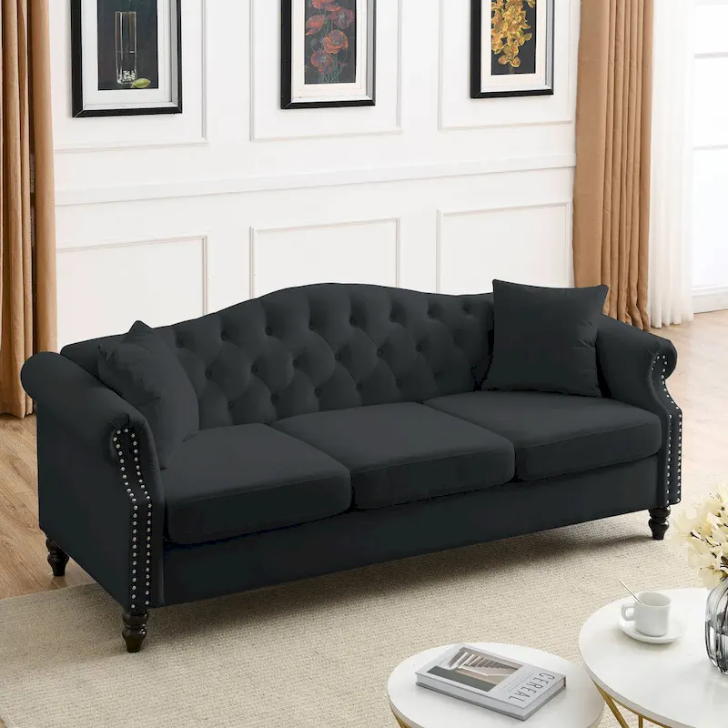 [Video] 79  Chesterfield Sofa Black Velvet for Living Room, 3 Seater Sofa Tufted Couch with Rolled Arms and Nailhead for Living