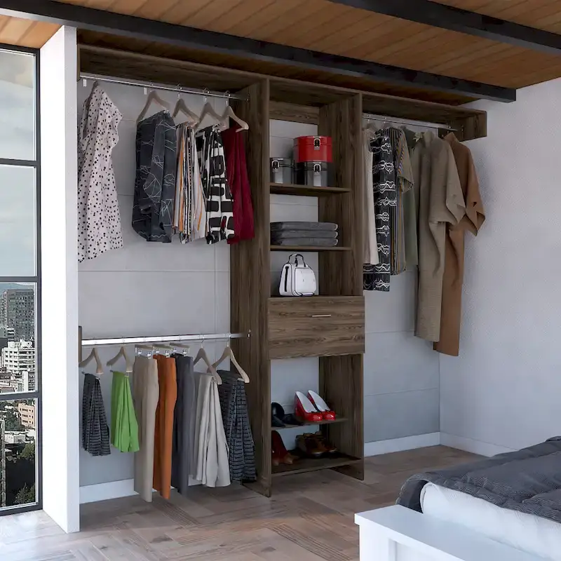 White / Wengue / Dark Walnut Corner Closet System – 5 Shelves, 1 Drawer, 3 Rods