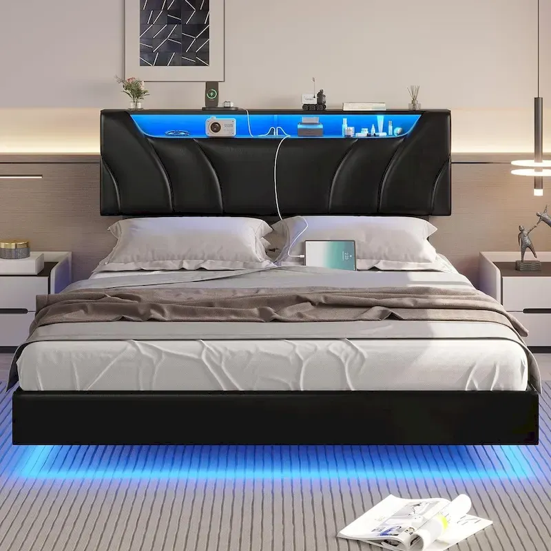 LED Floating Bed Frame Hidden Storage Headboard Type-C & USB