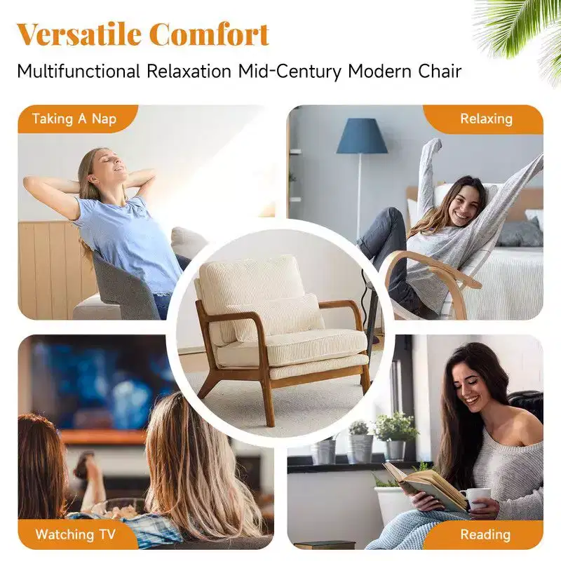 Karl Home 2Pcs Mid Century Solid Wood Accent Chair Upholstered Armchair with an Extra Pillow