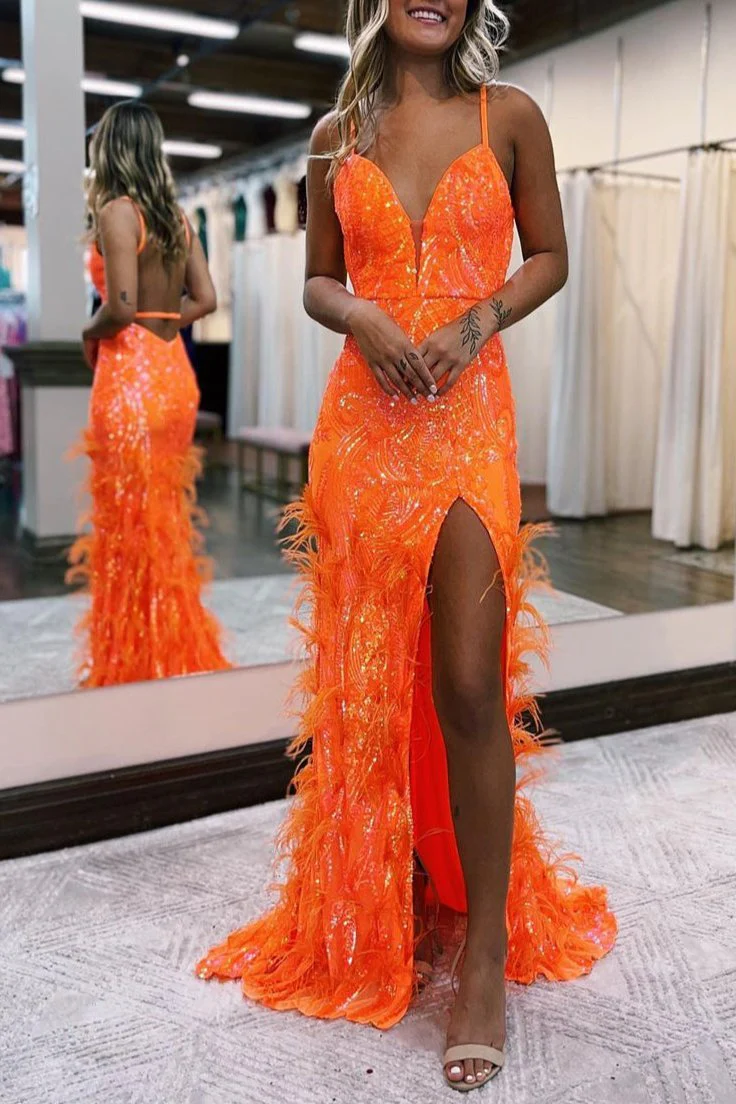 Jade Sequin Lace V Neck Mermaid Prom Dresses with Slit